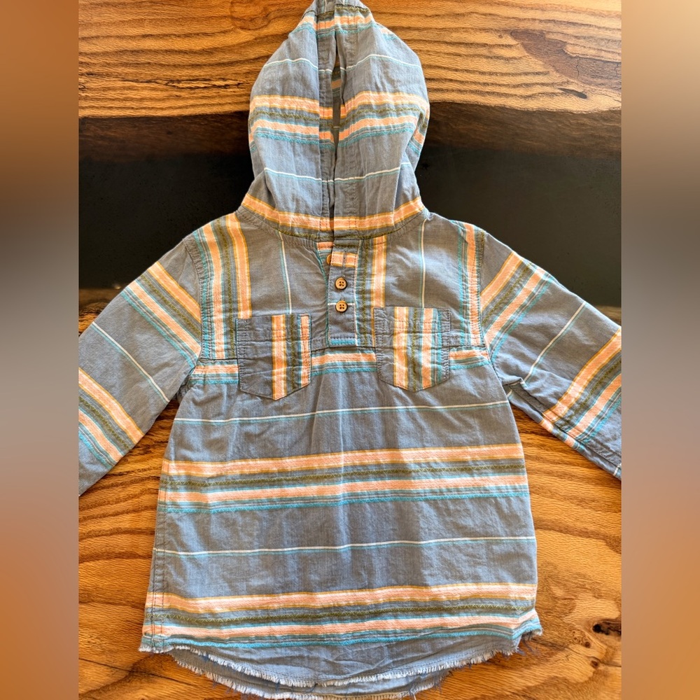 Striped Hooded Pullover for Kids - Blue & Orange Accent